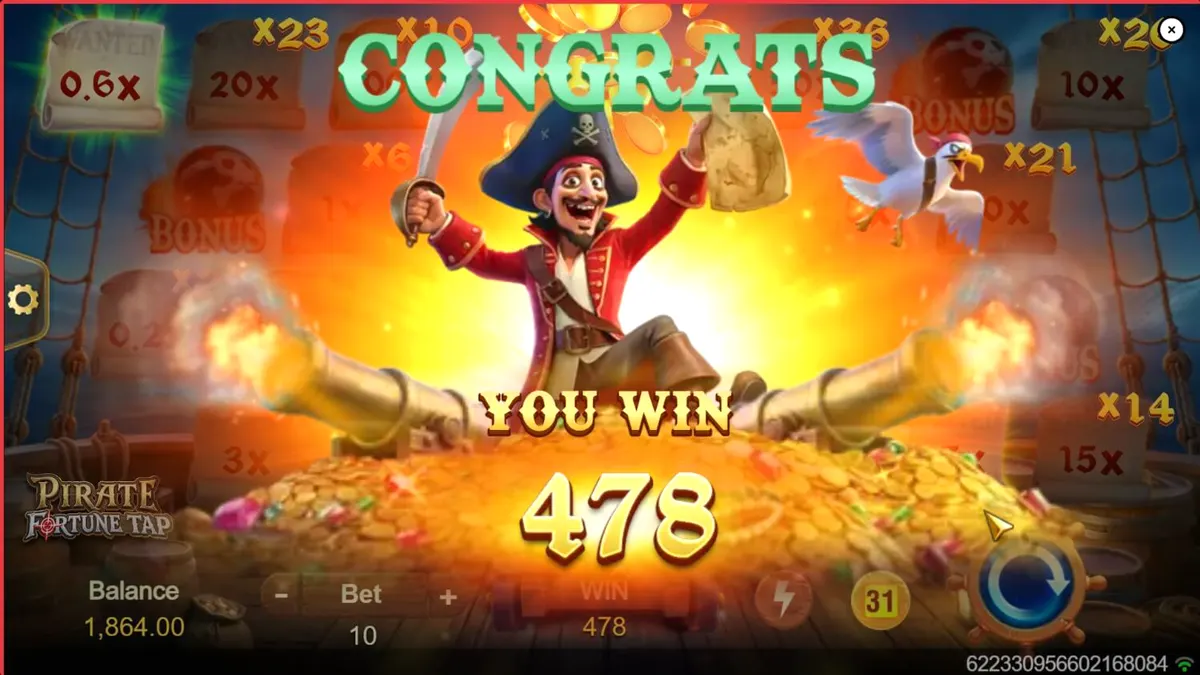 Tampilan layar permainan Pirate Fortune Tap dengan meriam dan target bajak laut